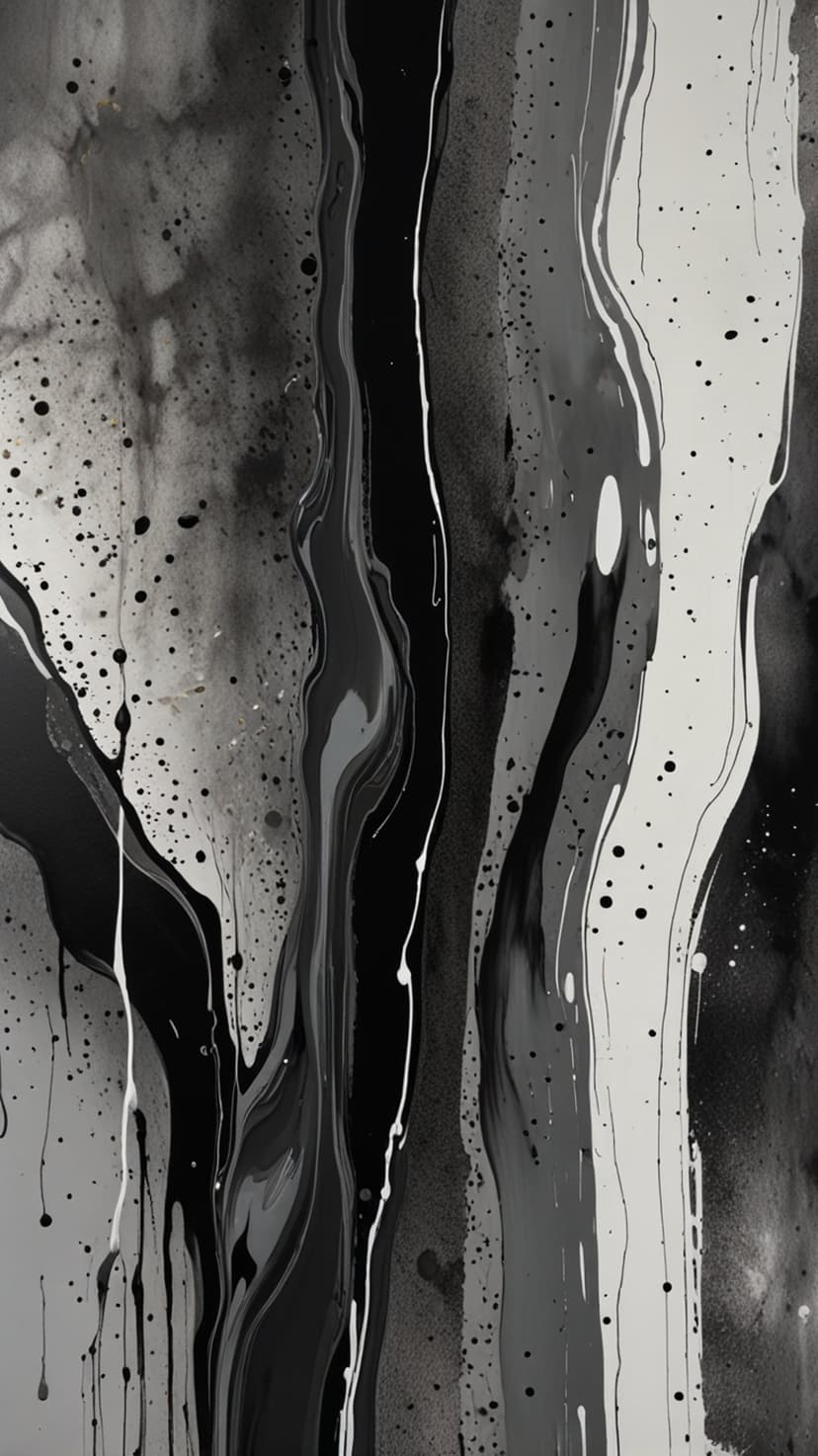 Vertical streaks of black and white paint flow downward with fine splatters across a textured grey surface.