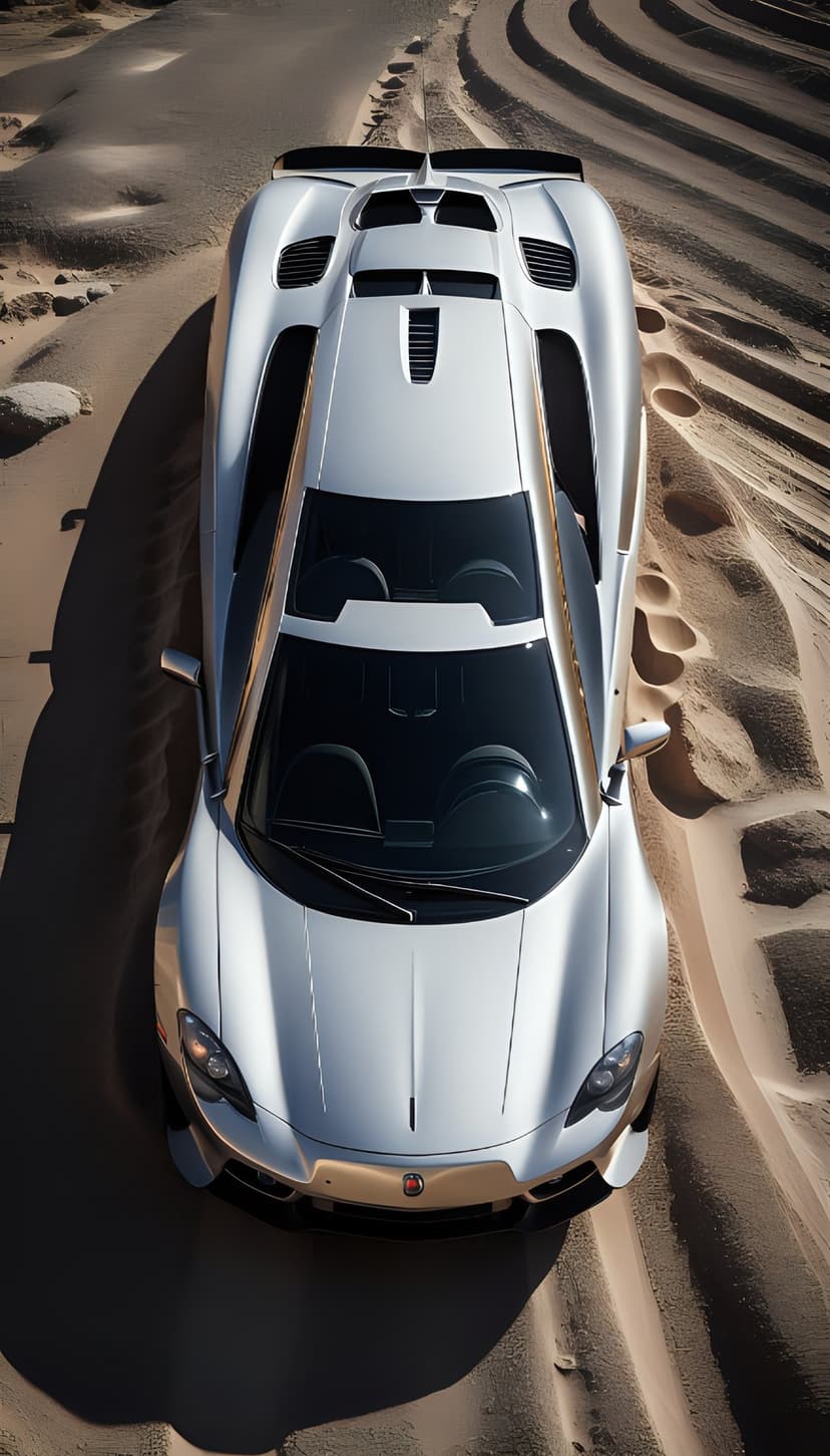 White sports car driving over rippled desert sand dunes seen from a direct overhead bird's-eye perspective.