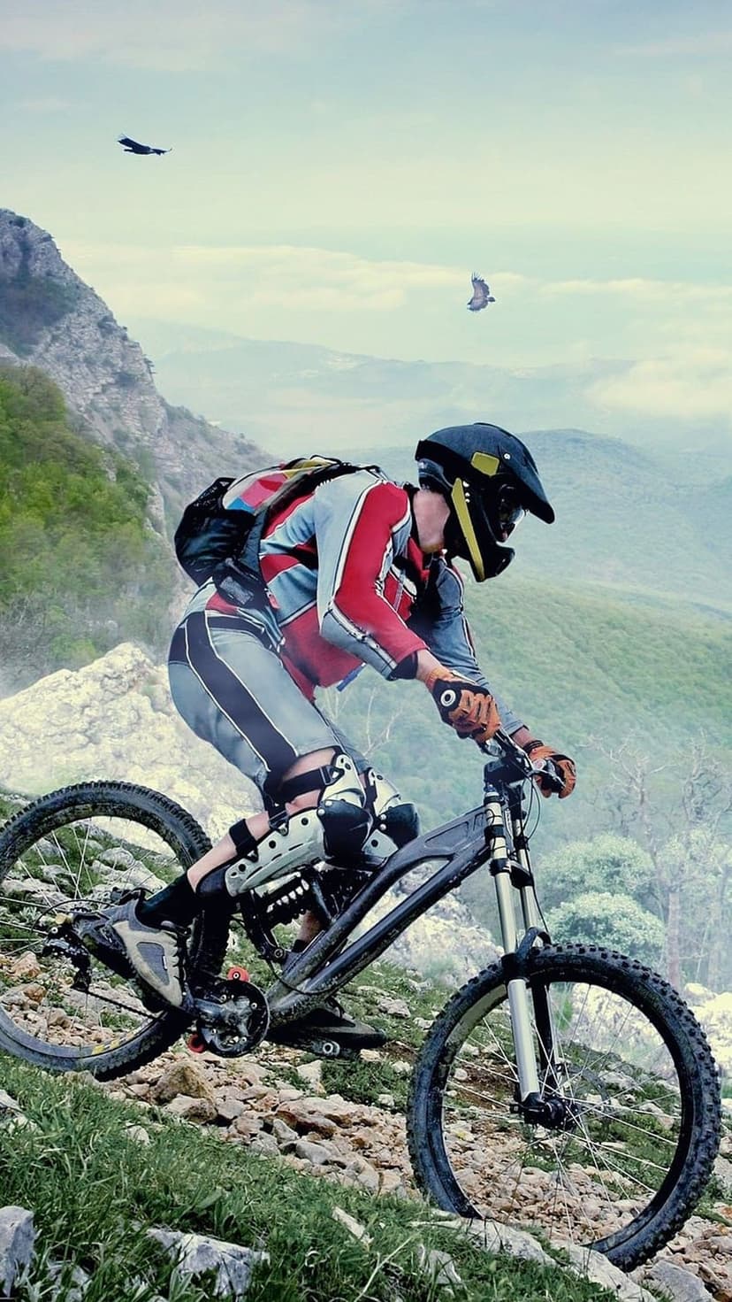 Mountain biker in a helmet riding a downhill bike on a rocky mountain slope with a bird flying in the sky.