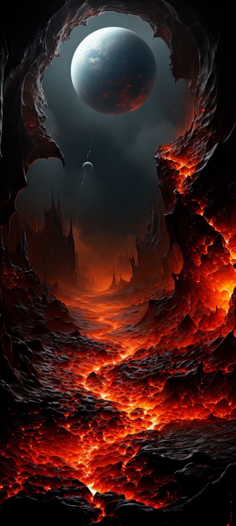 Glowing orange lava streams wind through black rock formations under a massive pale planet and small crescent moon.