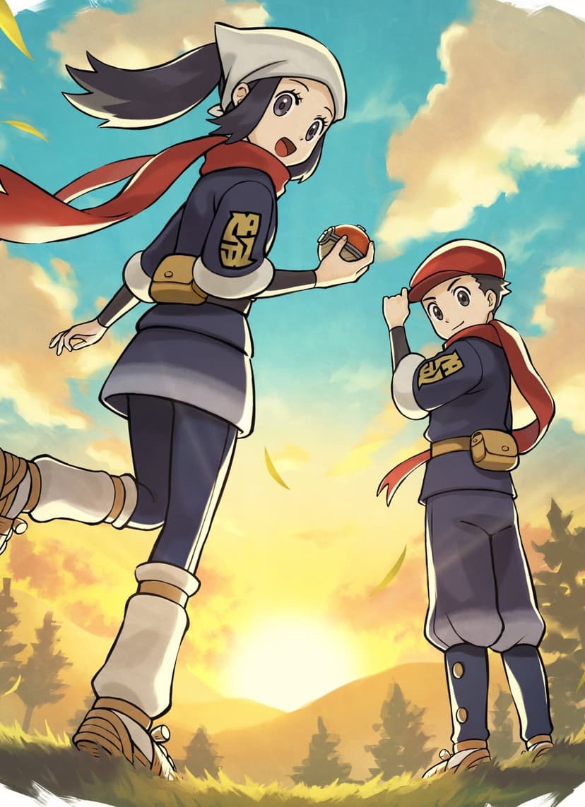 Akari and Rei in Survey Corps uniforms stand on a hill during a golden sunset with a wooden Poke Ball.