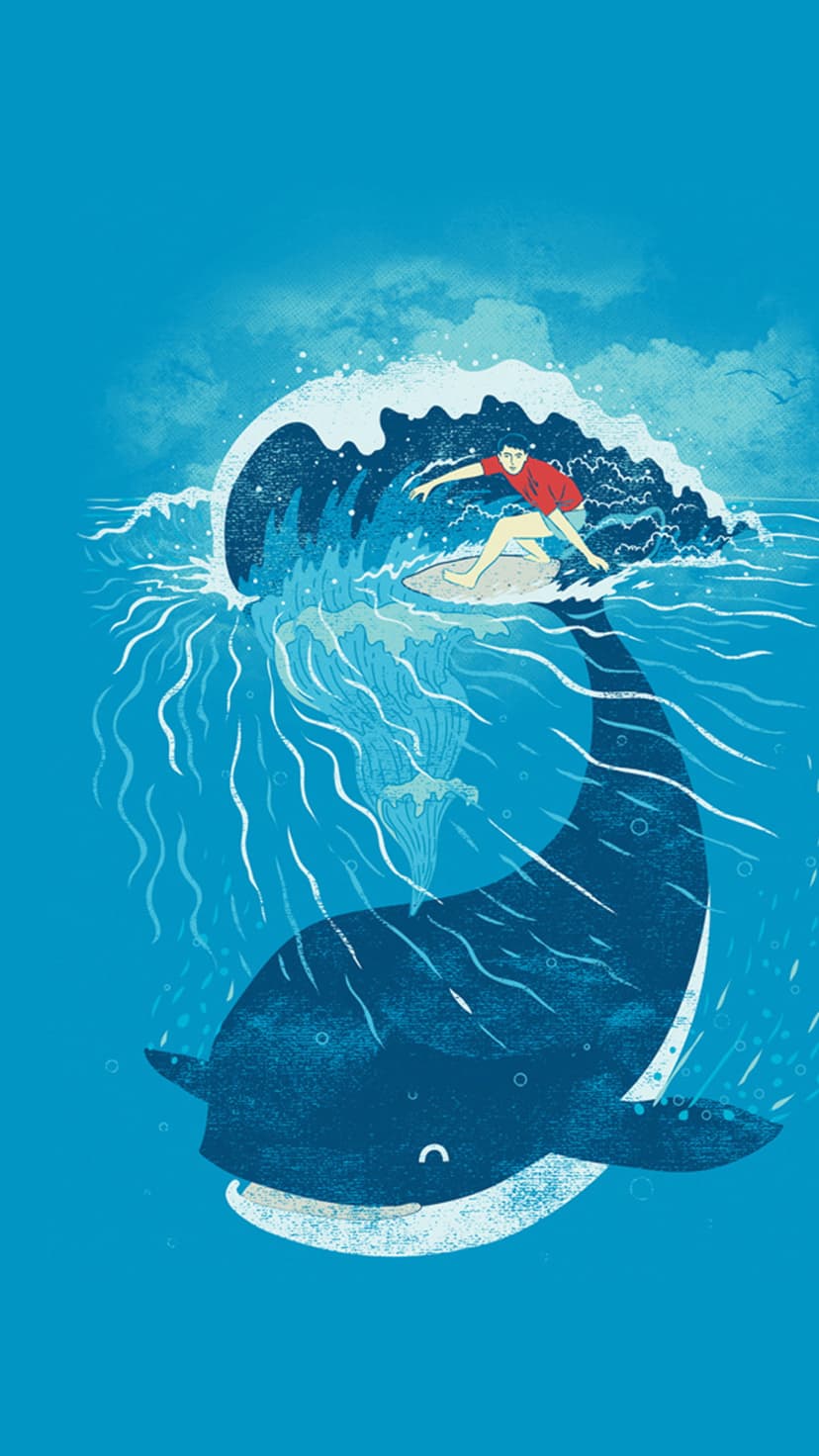 Surfer riding a curling wave formed by a giant blue whale's tail in deep turquoise ocean water with light rays.