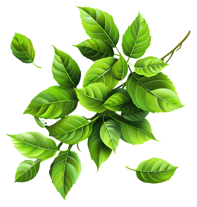 Leafy green branch illustration features vibrant emerald foliage and organic stems against a clear background.
