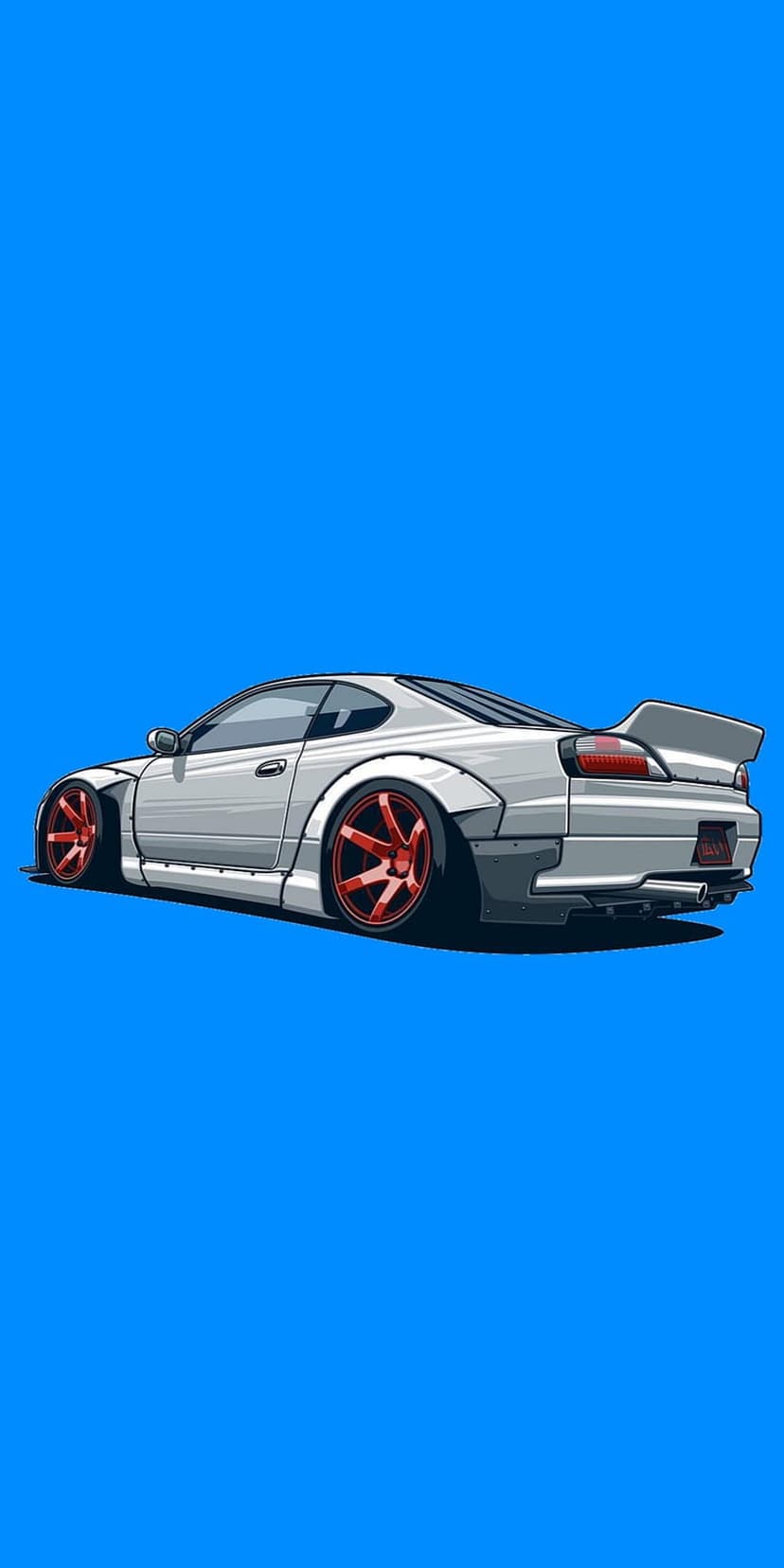 White JDM sports car featuring a widebody kit and red wheels positioned against a solid blue background.