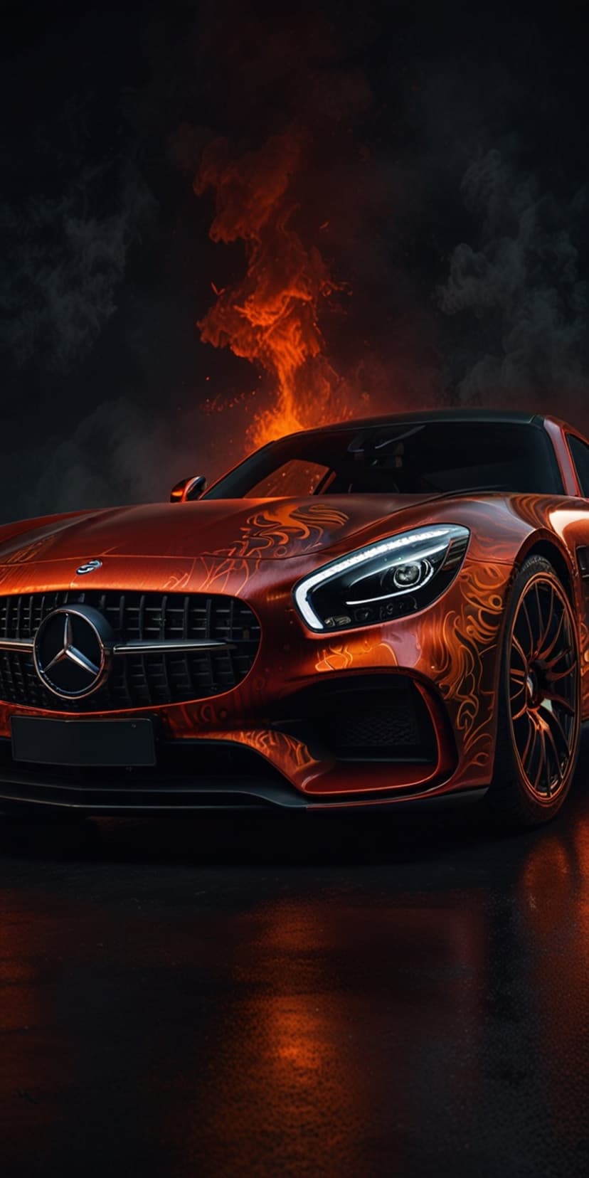 Mercedes AMG GT with orange tribal flames on a wet road amidst thick smoke and erupting fire in the dark.