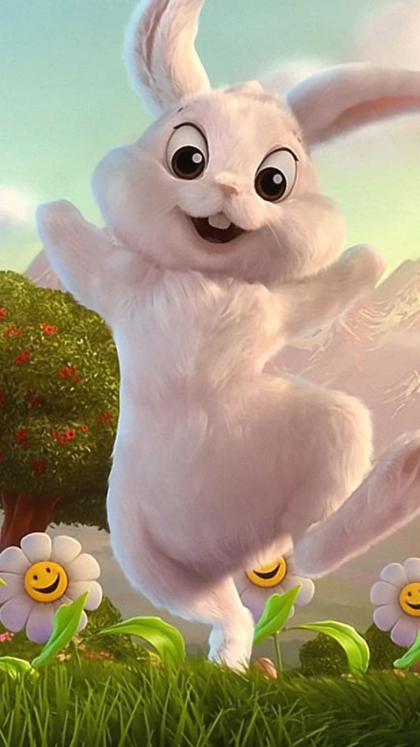 White fluffy bunny with large eyes leaps over smiling daisies in a sunny meadow with distant blue mountains.