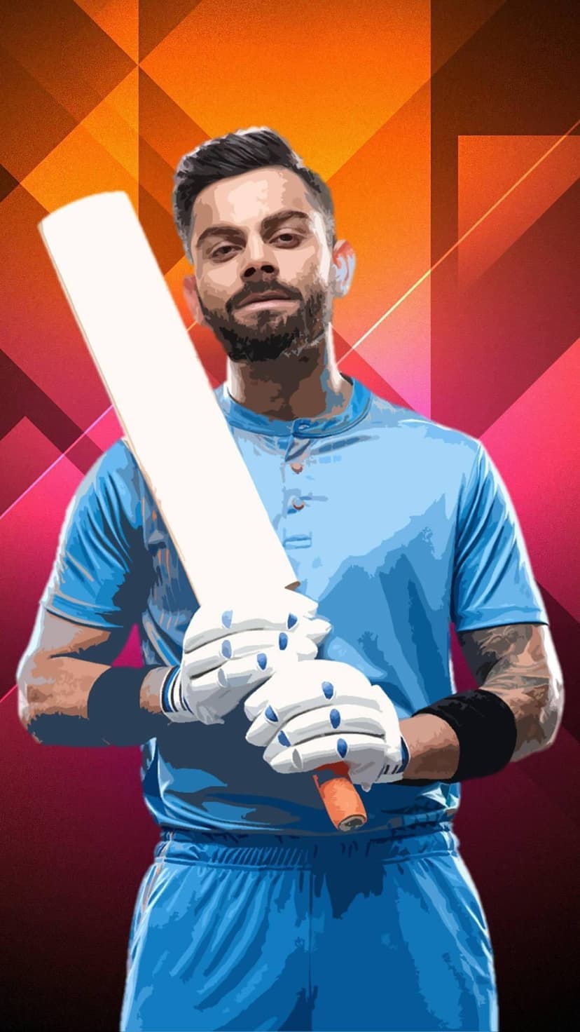 Virat Kohli wears a blue jersey and batting gloves while holding a bat against an orange geometric background.