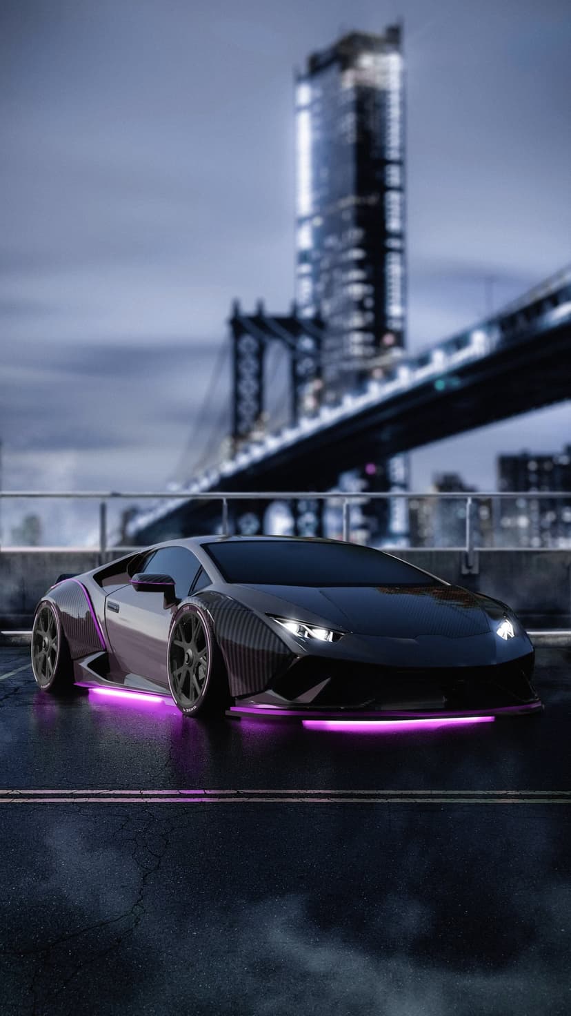 Black Lamborghini with purple underglow parked on wet pavement near a lit skyscraper and bridge at night.