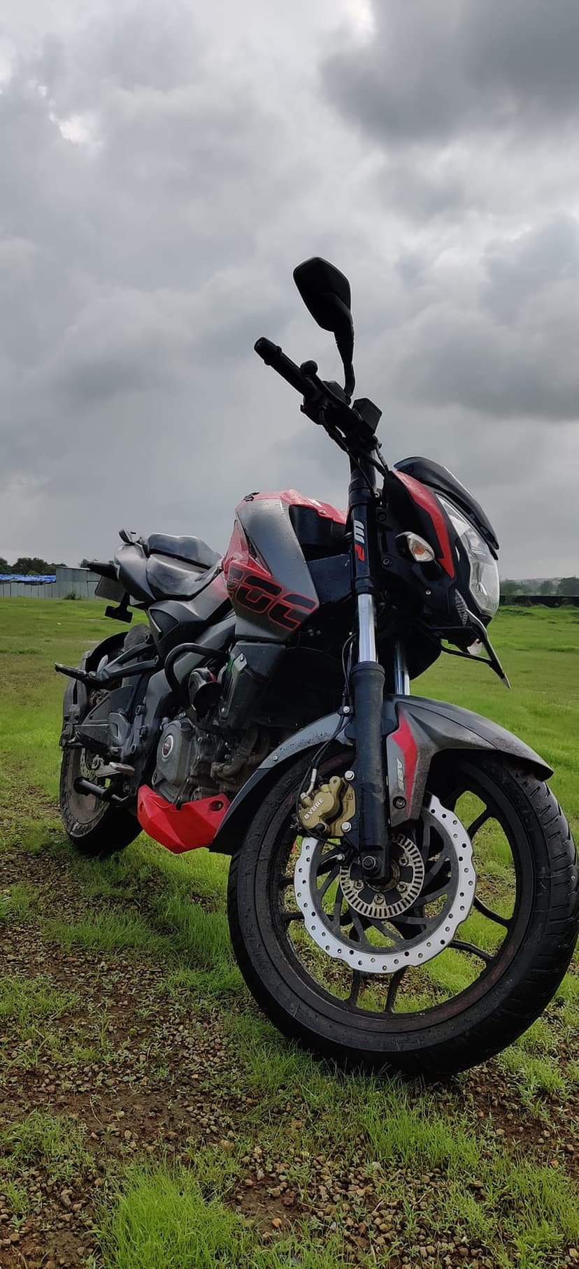 Red and black sportbike motorcycle parked on a lush green field under a dramatic cloudy sky in vertical view.