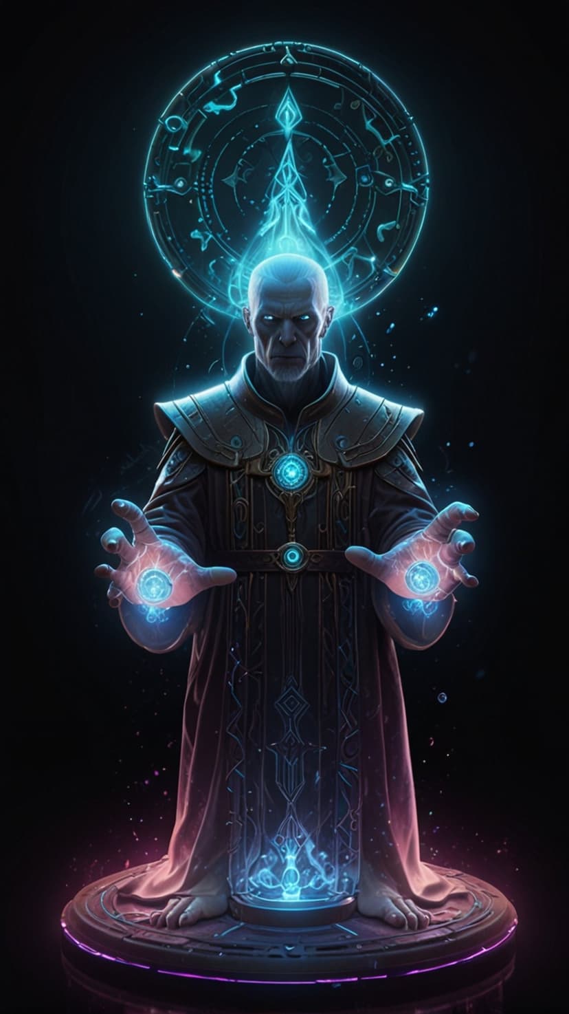 Sorcerer in ornate robes channeling blue electric energy between his hands over a glowing circular pedestal.