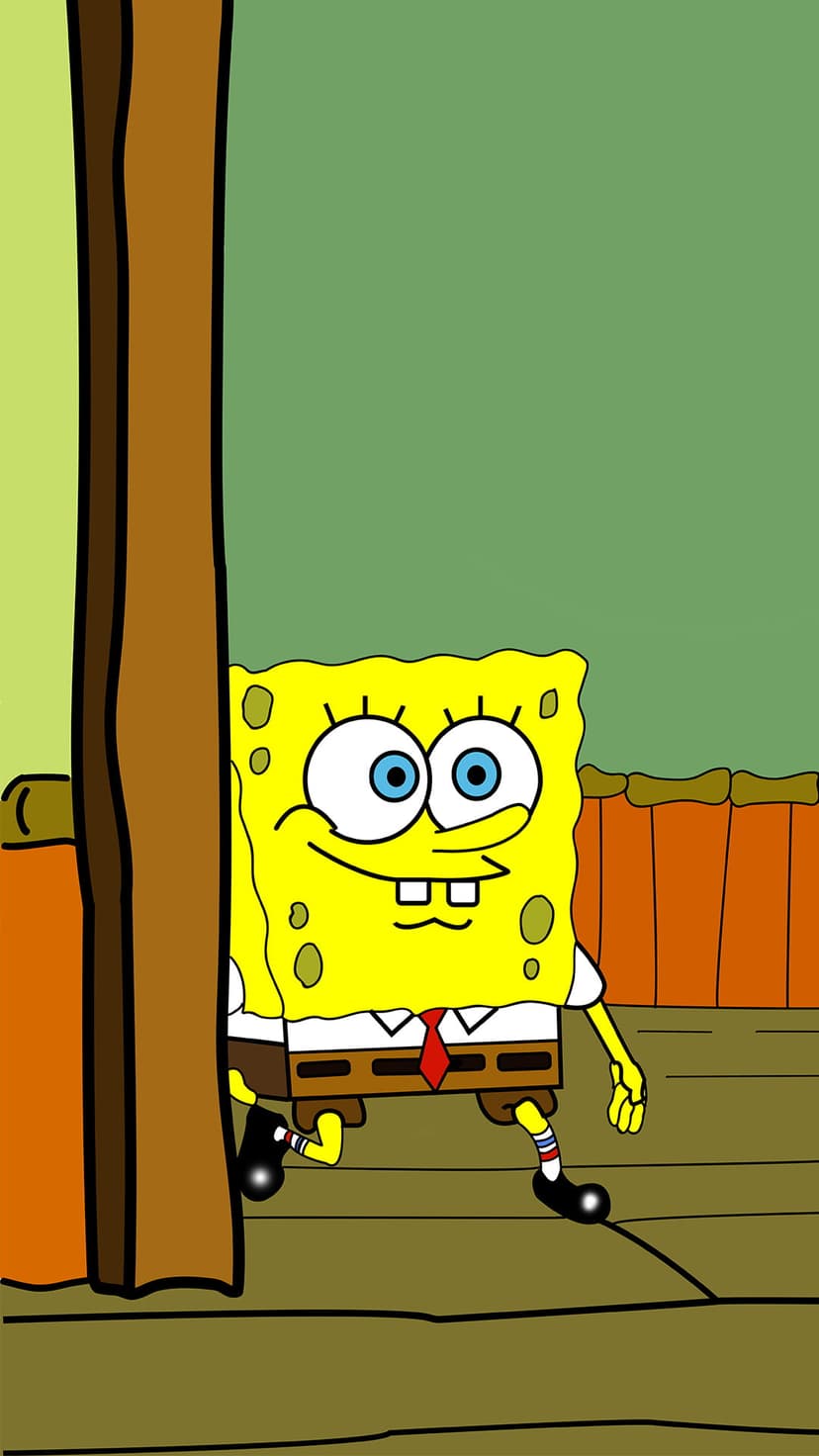 SpongeBob SquarePants with wide blue eyes peeks around a brown wooden pillar against a muted green interior wall.