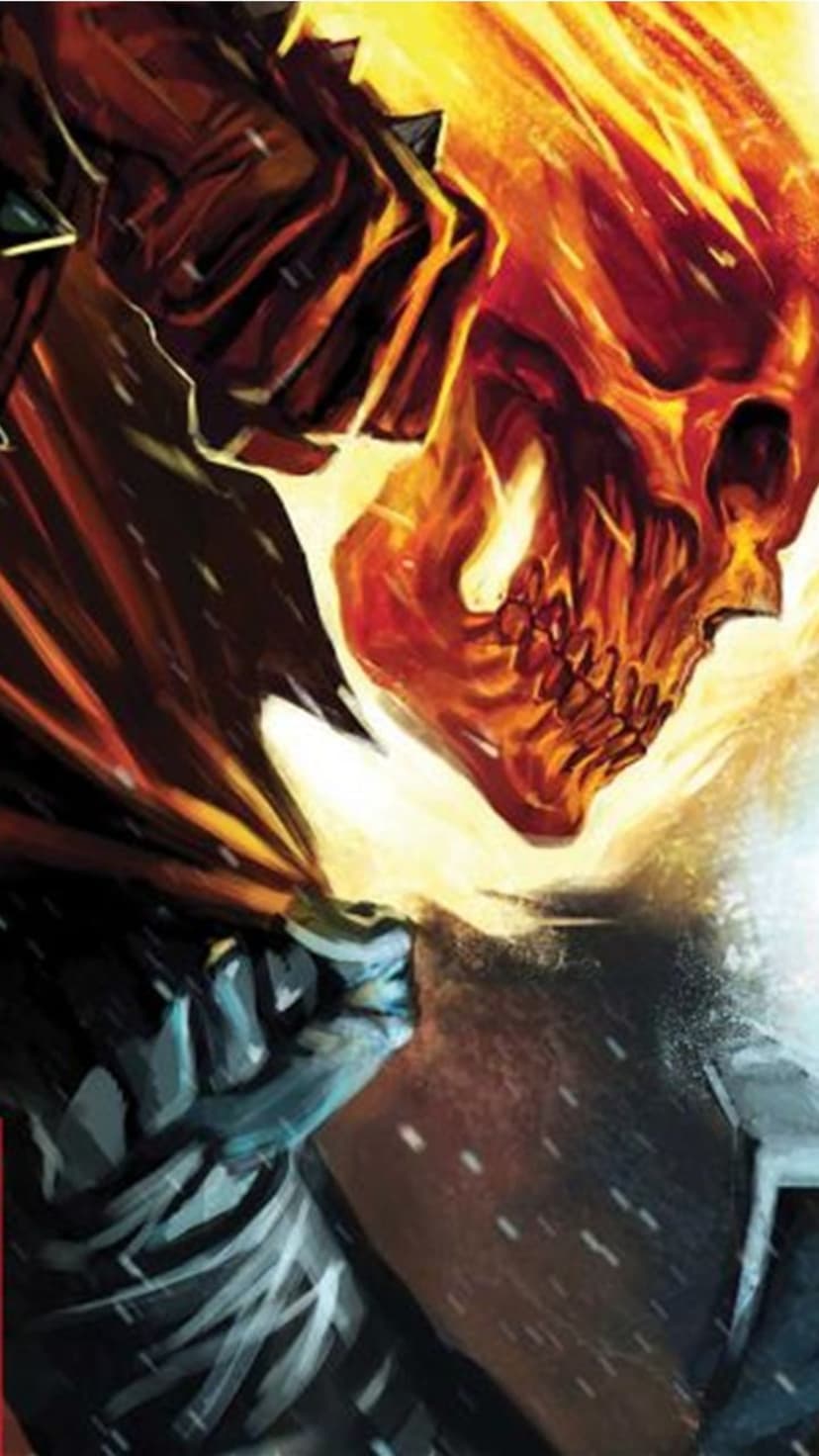 Ghost Rider with a flaming skeletal head and dark leather armor amidst glowing embers and thick black shadows.