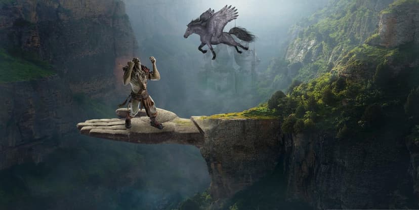 Armored warrior on a mossy cliff edge faces a white Pegasus flying through a deep, misty green mountain chasm.