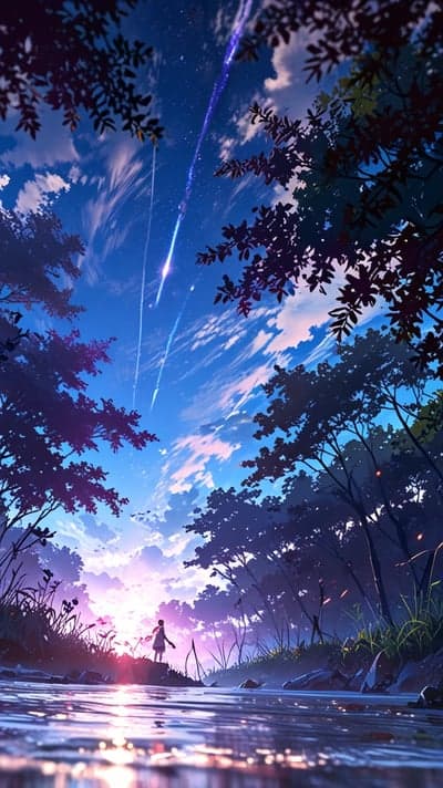 Anime Landscape: Shooting Stars Over Serene River
