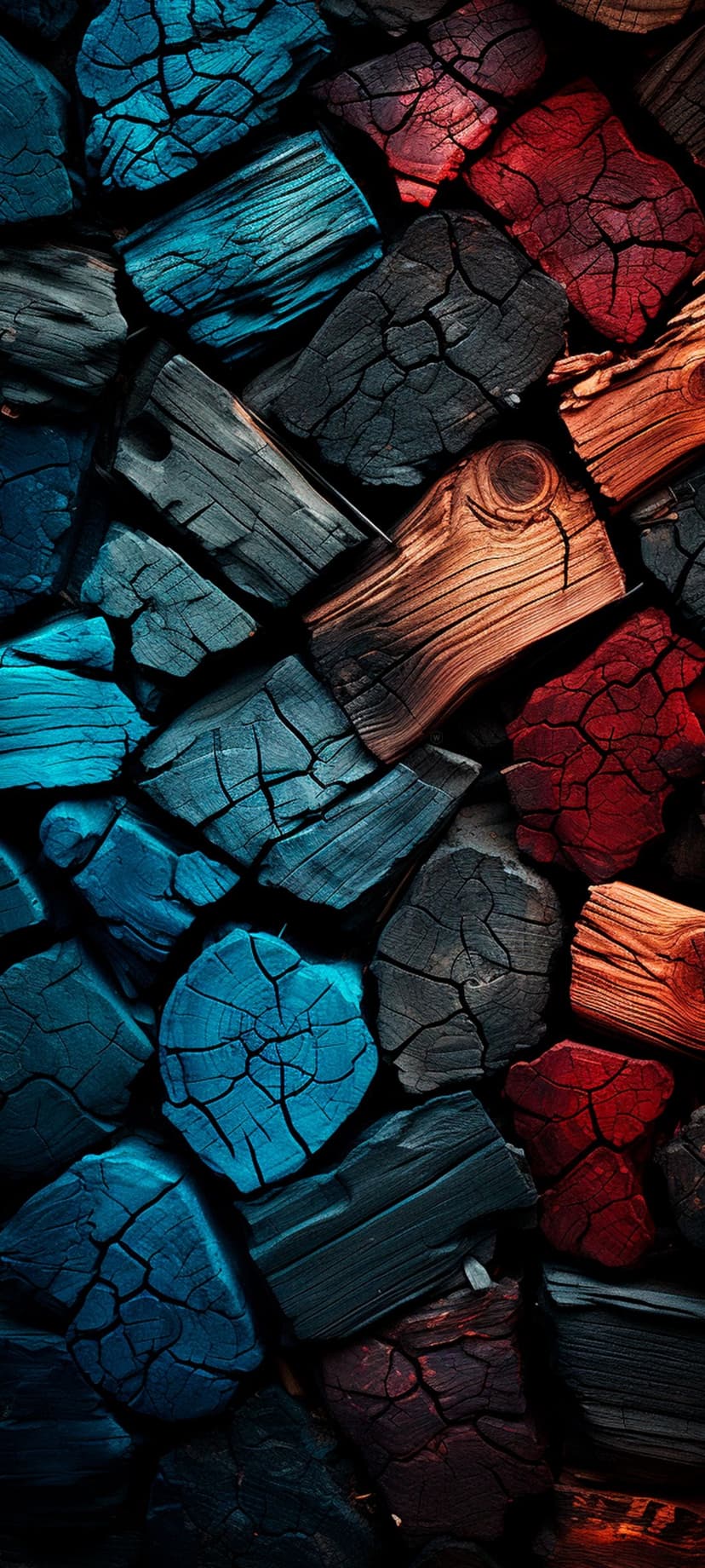 Vertical cracked wood pieces featuring deep red and bright blue paint splattered over natural brown timber grain.