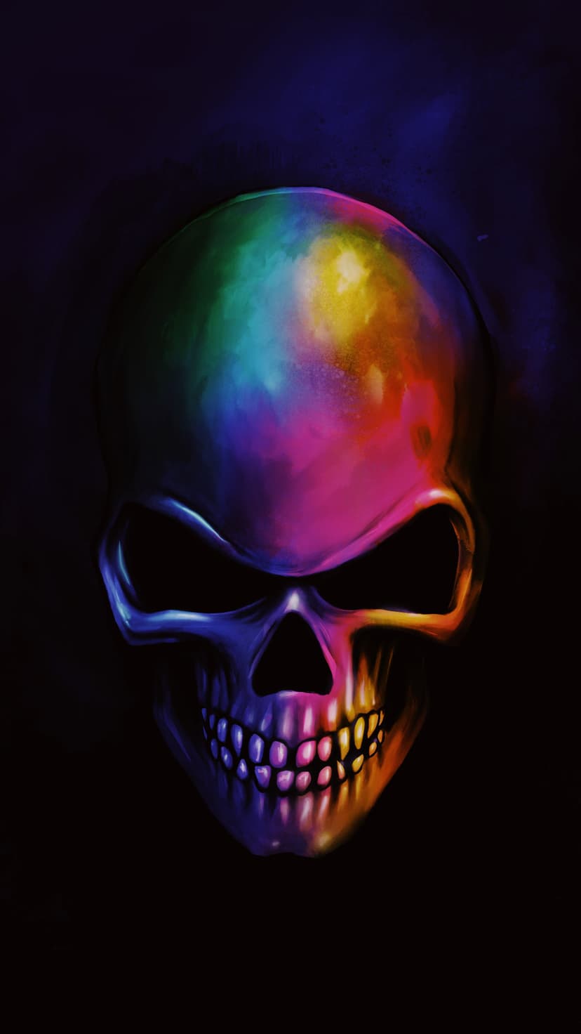 Skull with iridescent rainbow lighting and neon highlights centered on a solid black background.