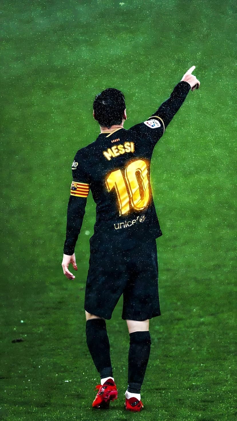 Lionel Messi in a black number ten Barcelona jersey points upward on a wet green grass football pitch.