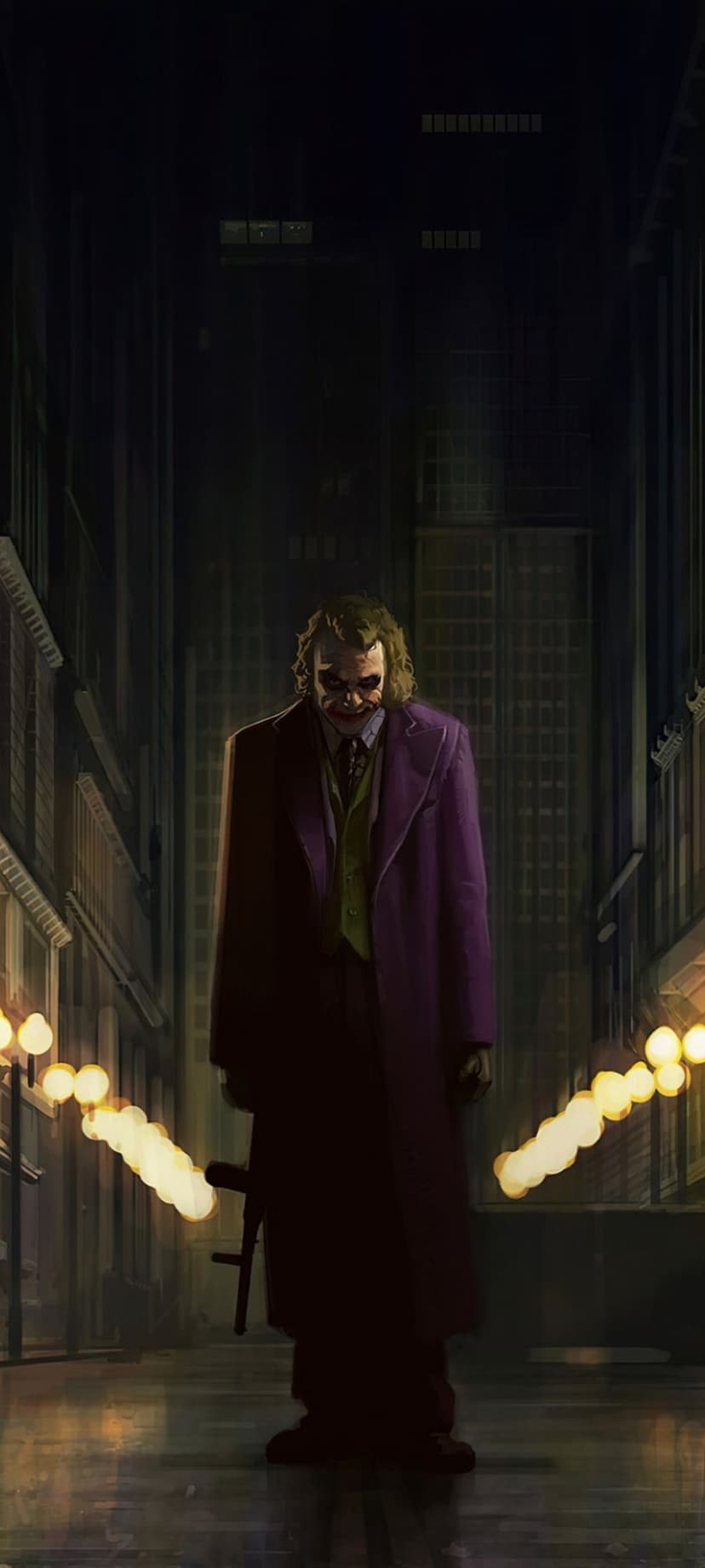 The Joker with green hair and a purple coat stands in a dark, rainy alleyway illuminated by vintage gas lamps.