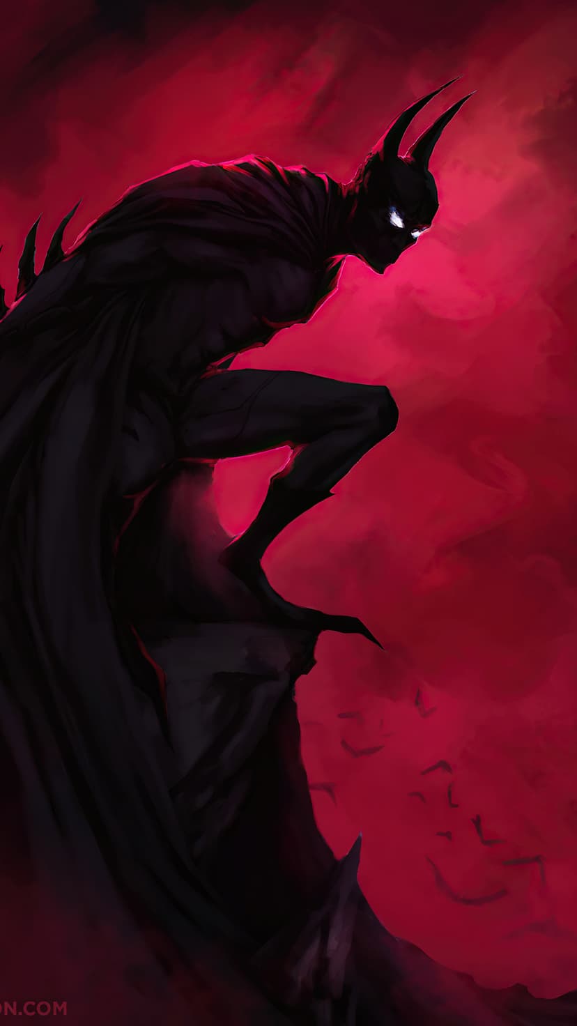 Batman silhouetted on a jagged cliff edge with glowing white eyes against a dense red smoky background.