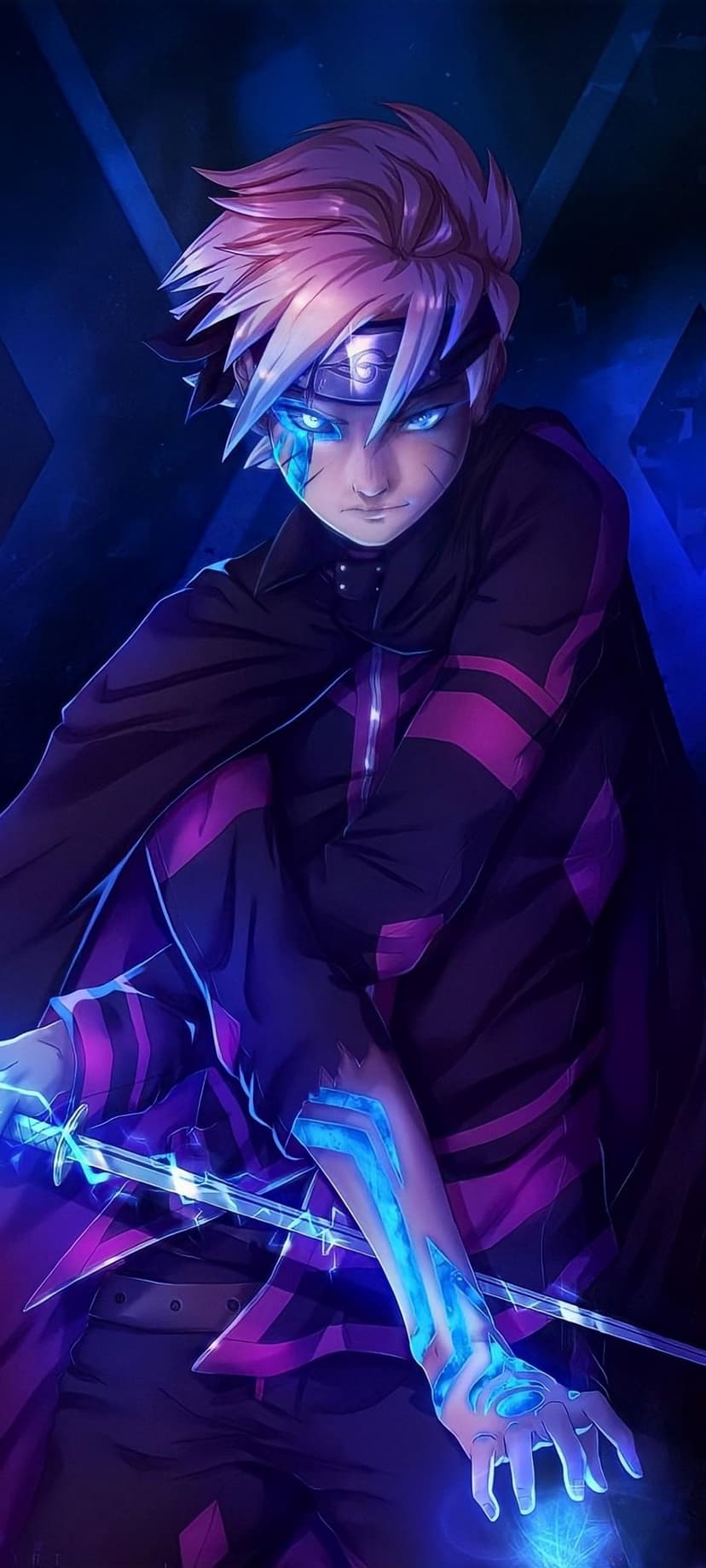 Boruto Uzumaki holds a glowing blue sword with his Jougan and Karma seal active against a dark, neon-lit background.
