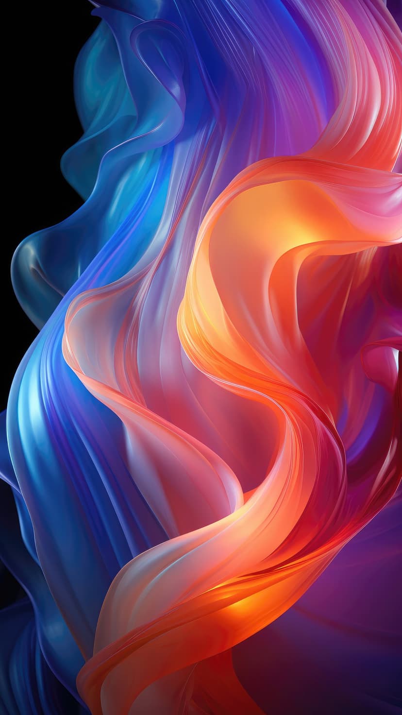 Flowing strands of glossy blue and orange fabric twist together in a vibrant, high-contrast vertical gradient.