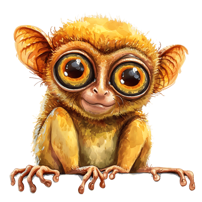 Watercolor tarsier primate illustration shows large orange eyes and brown fur peeking over a white surface.