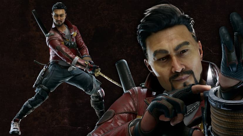Lo Wang from Shadow Warrior 3 in a red jacket holding a katana against a dark textured background.