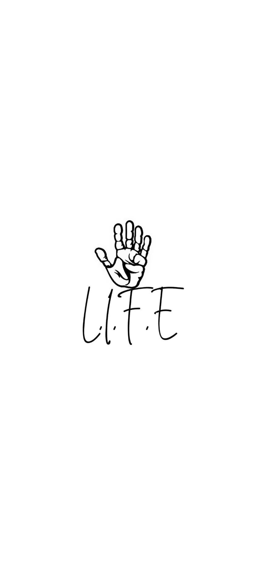 Human hand gesturing upward with the word LIFE written in stylized script on a clean white background.