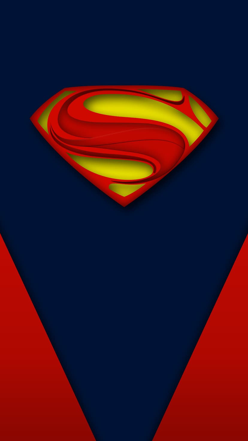 Superman's S-shield crest uses layered red and yellow geometric shapes over a textured dark blue background.