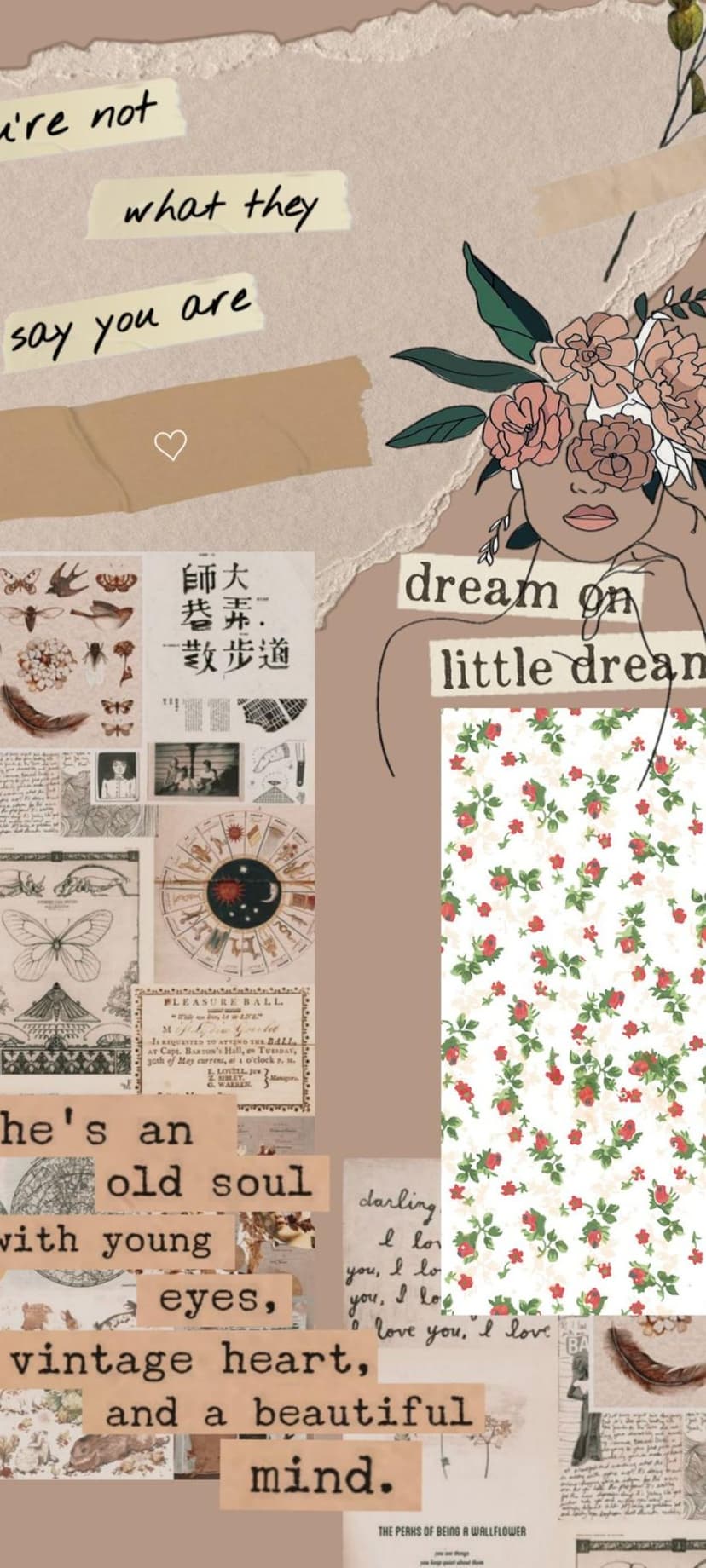 Female line art portrait surrounded by botanical sketches, ripped paper scraps, and antique celestial charts.