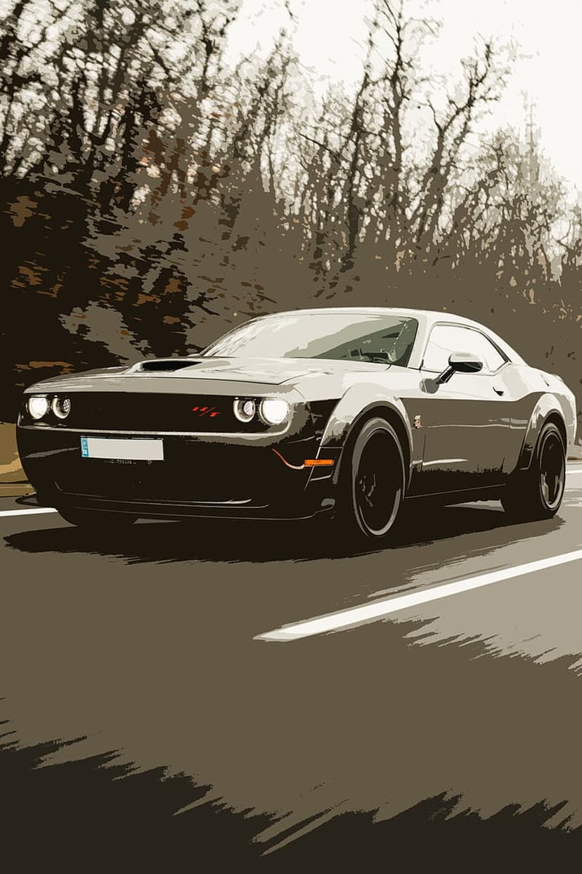 Black Dodge Challenger R/T with glowing headlights driving on a forest road with trees and motion blur effects.