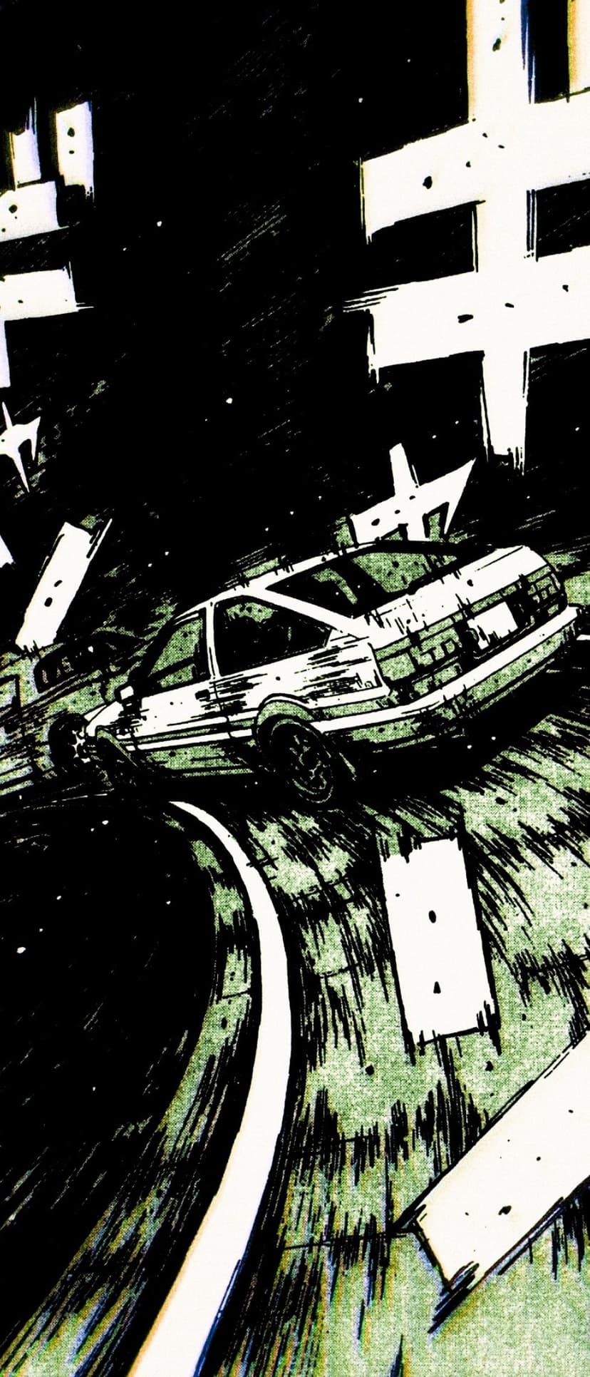 White sports car drifting around a mountain hairpin turn with high-contrast black lines and green road lighting.