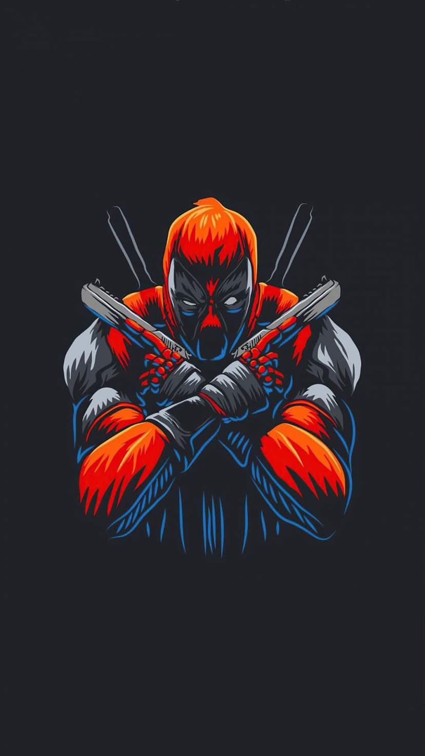 Deadpool wearing a red and black suit crosses two silver pistols in front of his chest against a dark background.