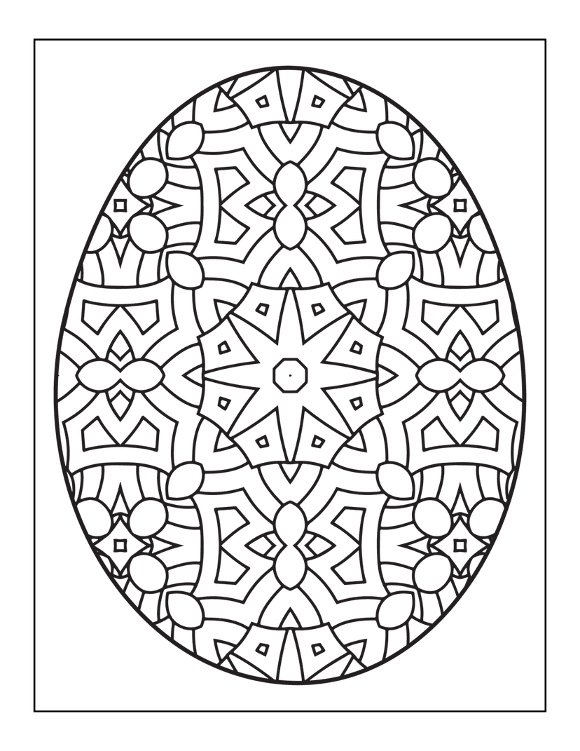 Geometric mandala Easter egg outline featuring radial symmetry and floral motifs on a solid black background.