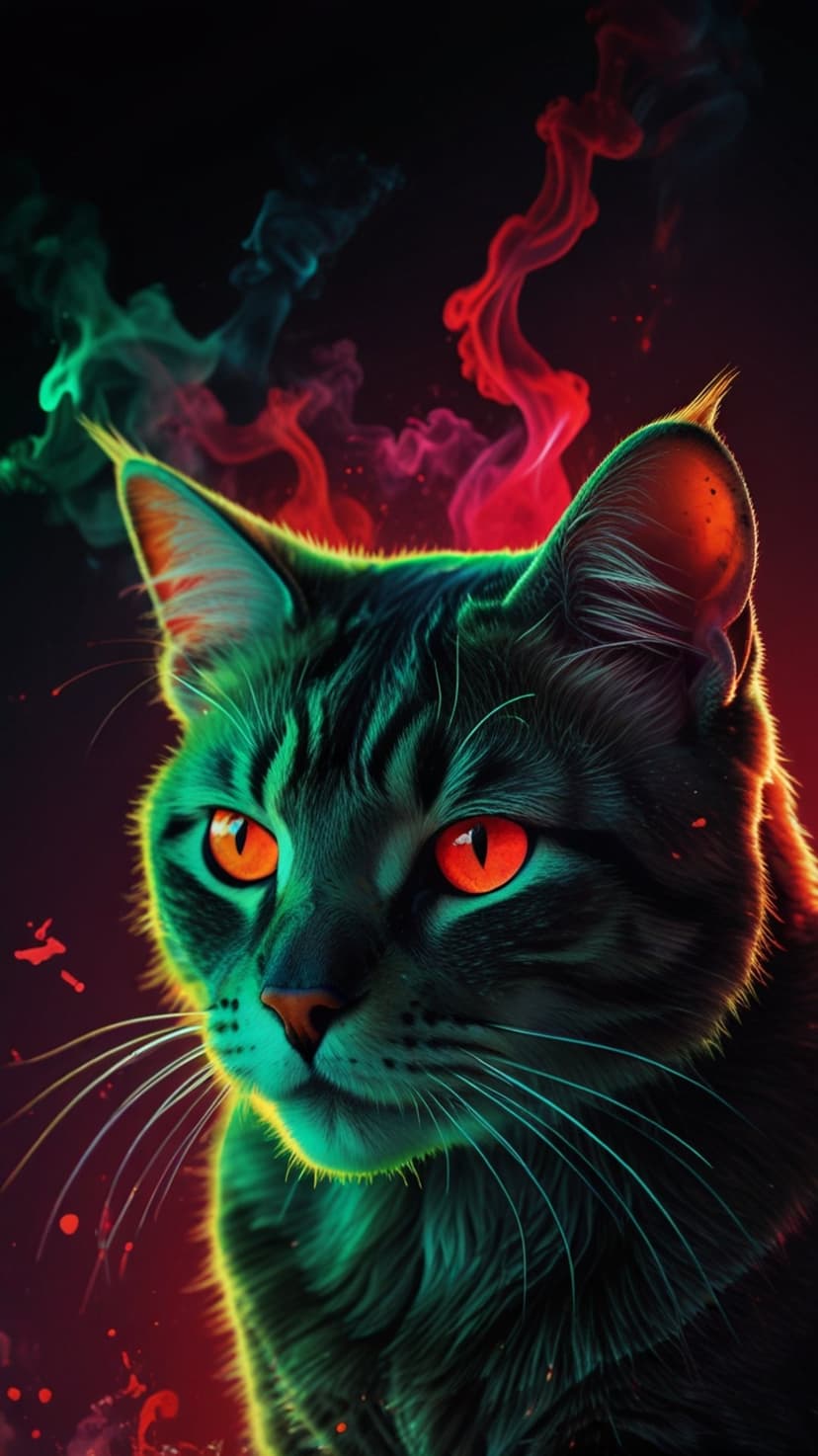 Tabby cat with fiery orange eyes and neon green lighting surrounded by swirling red and green smoke clouds.