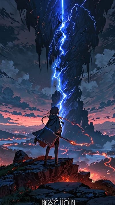 Cloaked Anime Girl Facing Lightning Strike Mobile Wallpaper
