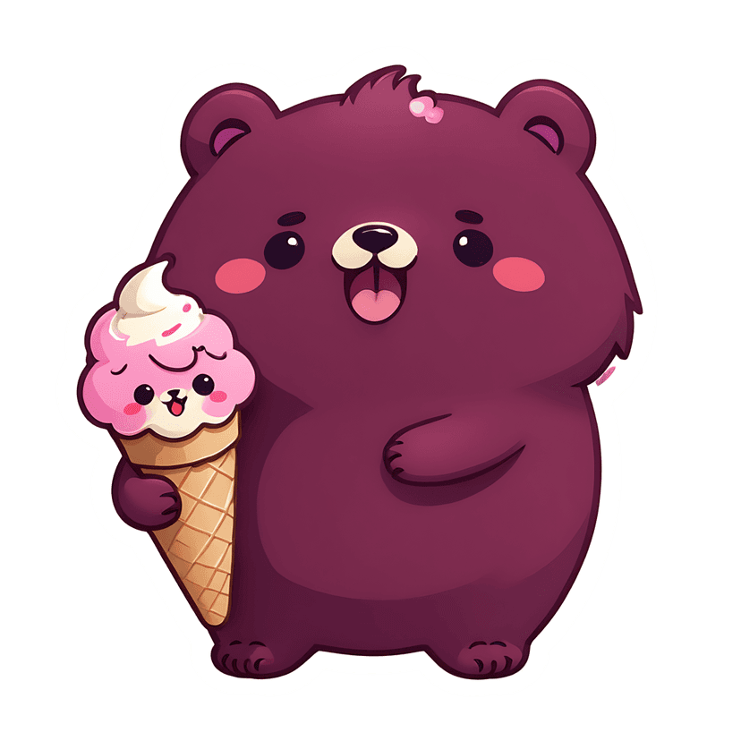 Magenta bear sticker illustration holding a pink ice cream cone with a white outline and glossy finish.