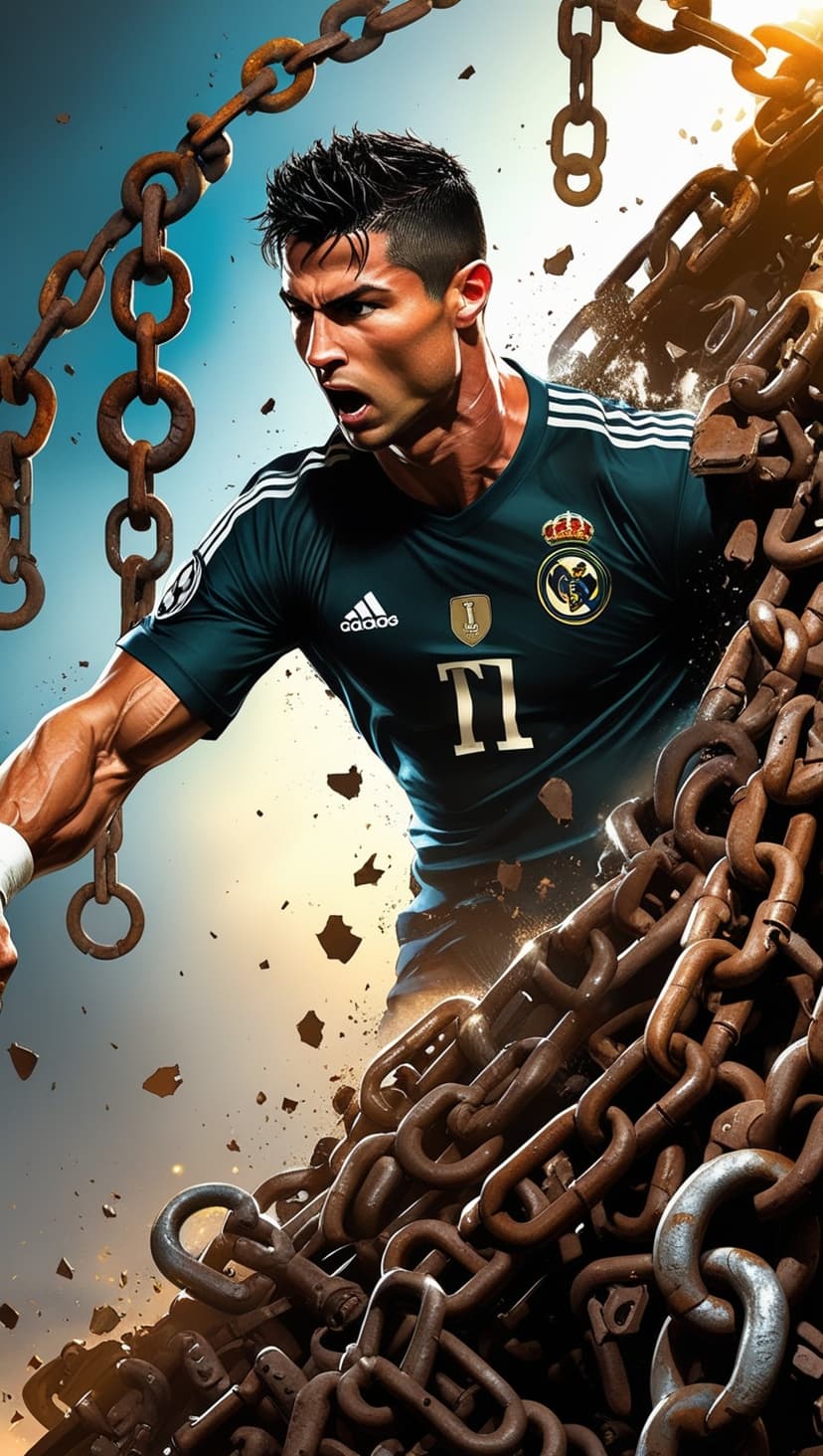 Cristiano Ronaldo snaps rusted iron chains with explosive force amidst a dark and gritty atmospheric background.