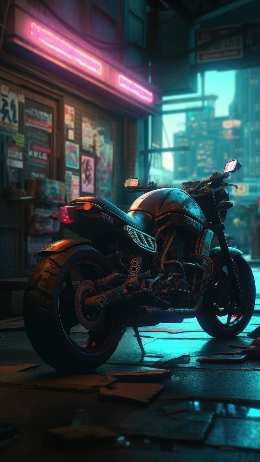 Cyberpunk motorcycle with exposed engine parts parked in a wet alleyway reflecting pink and blue neon lights.