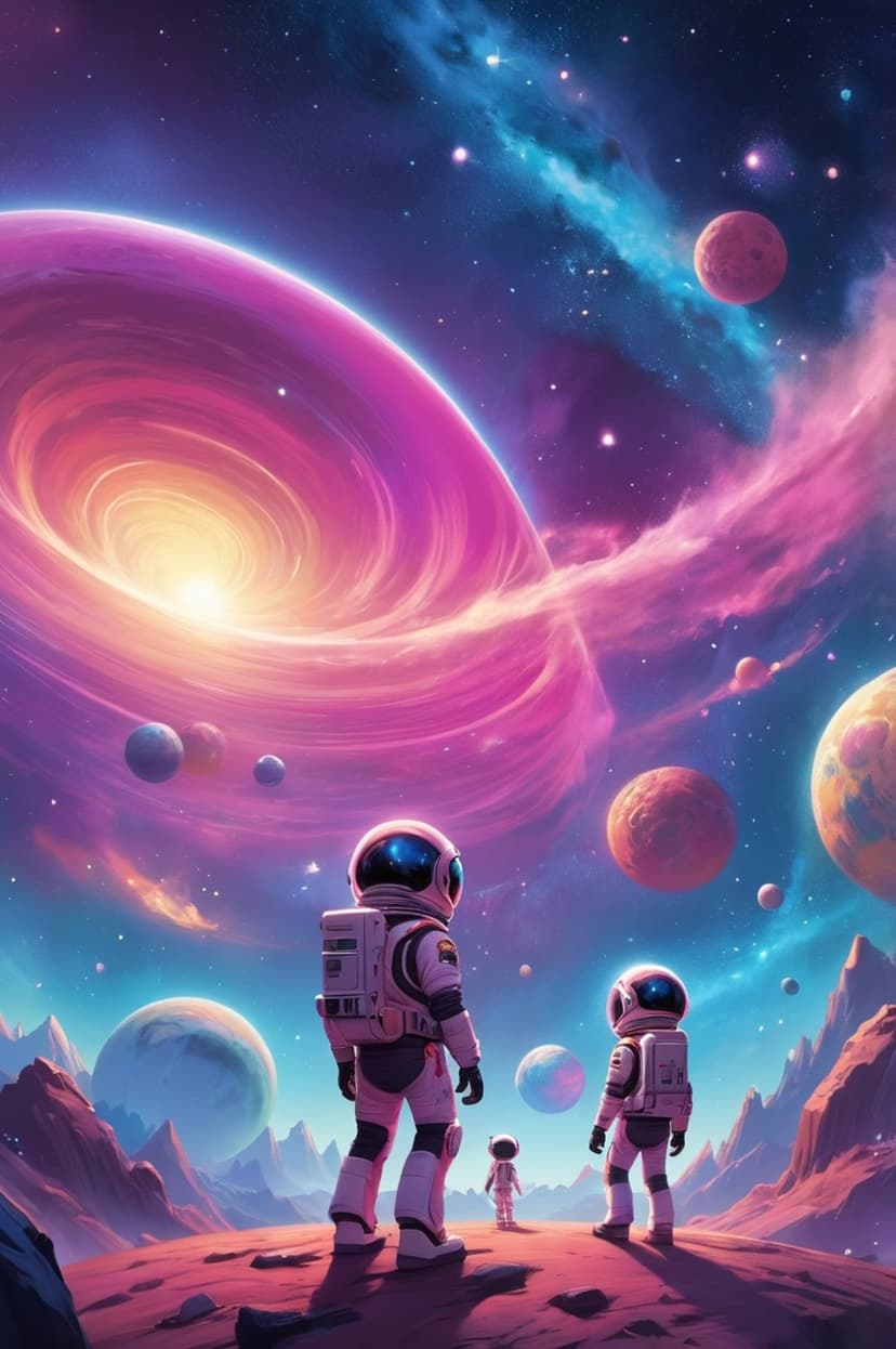 Two astronauts stand on a red rocky planet gazing at a swirling pink nebula and distant celestial bodies.
