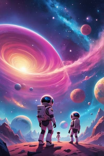 Astronauts explore alien planet with vibrant cosmic backdrop