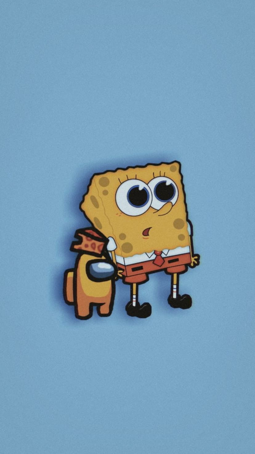SpongeBob SquarePants stands in shock next to an orange Among Us crewmate wearing a shiny silver visor.
