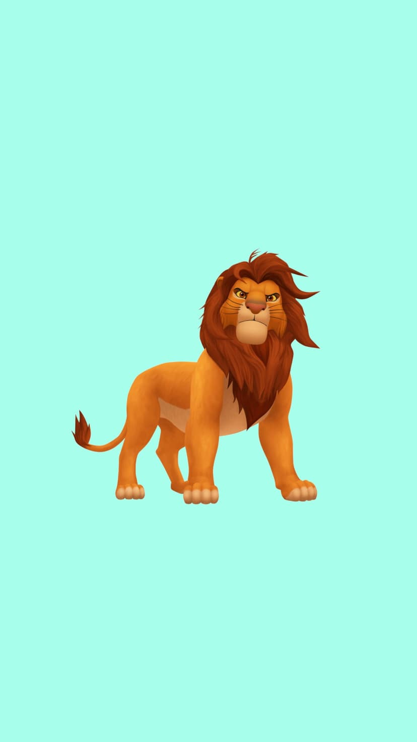 Orange lion with a thick red mane and amber eyes stands confidently before a solid cyan background.