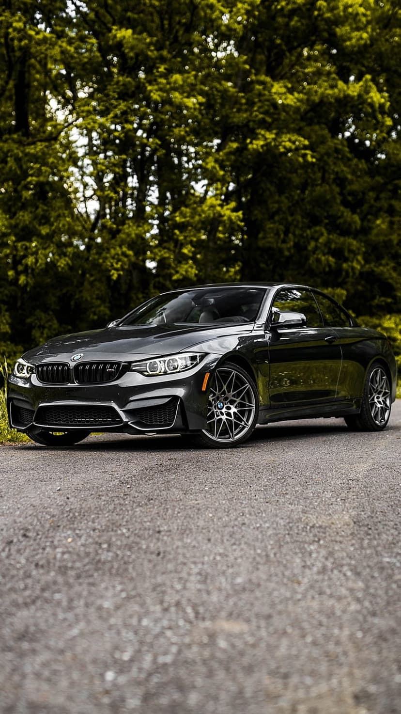 Charcoal BMW M4 Coupe parked on a paved road with a lush green forest background under bright natural light.