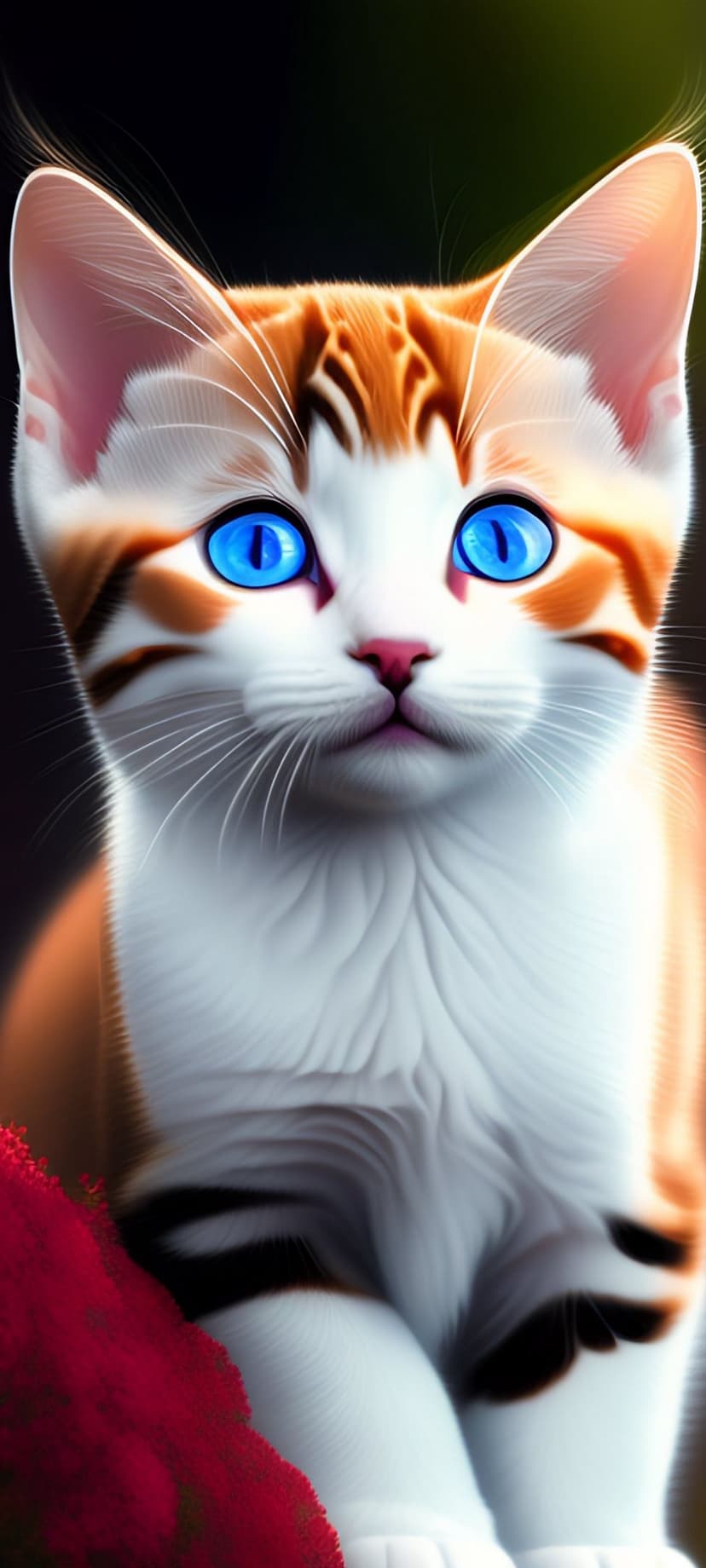 Ginger and white kitten with vivid blue eyes, pink nose, and long white whiskers against a dark background.
