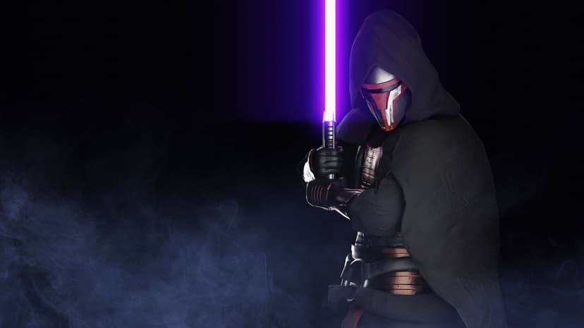 Darth Revan in a black hood holding a vertical purple lightsaber against a dark smoky background.