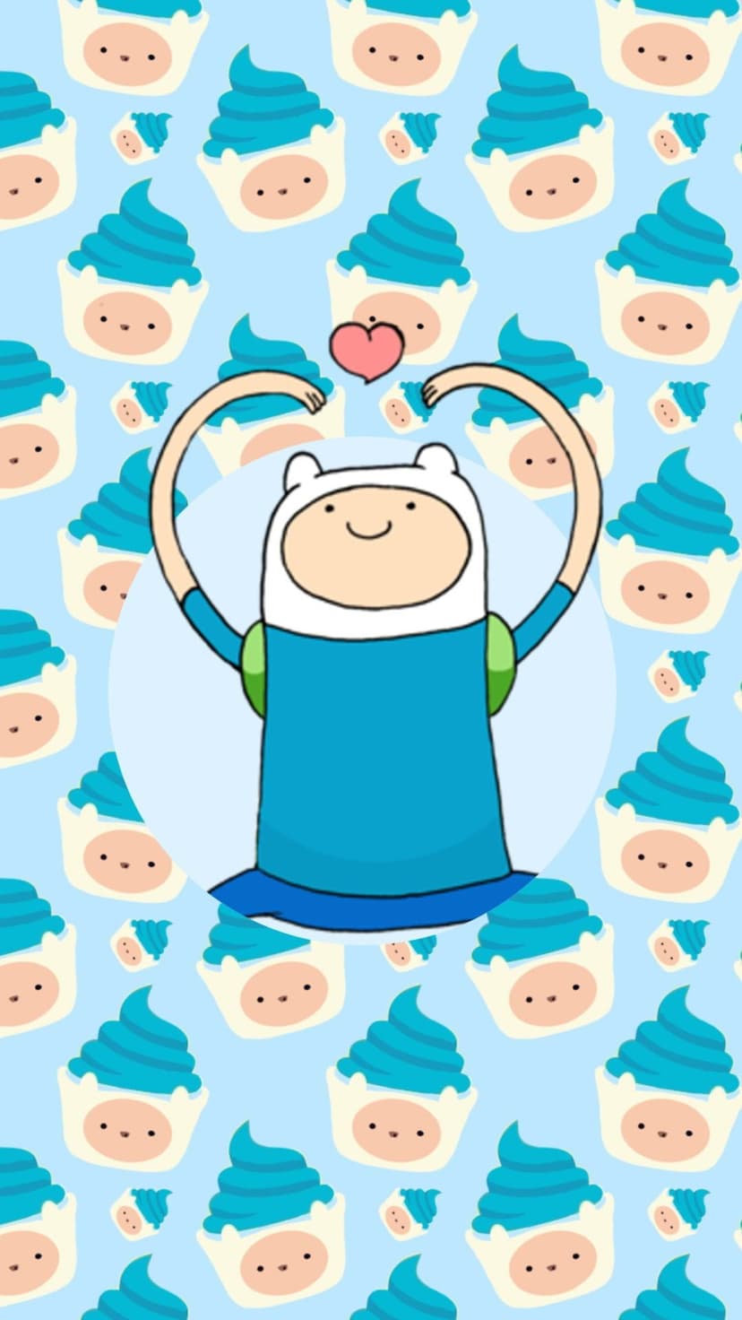 Finn the Human making a heart shape surrounded by cupcakes with his face on a light blue background.