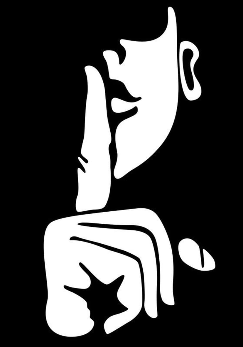 Profile silhouette of a face with a finger pressed against the lips in a high-contrast black and white style.
