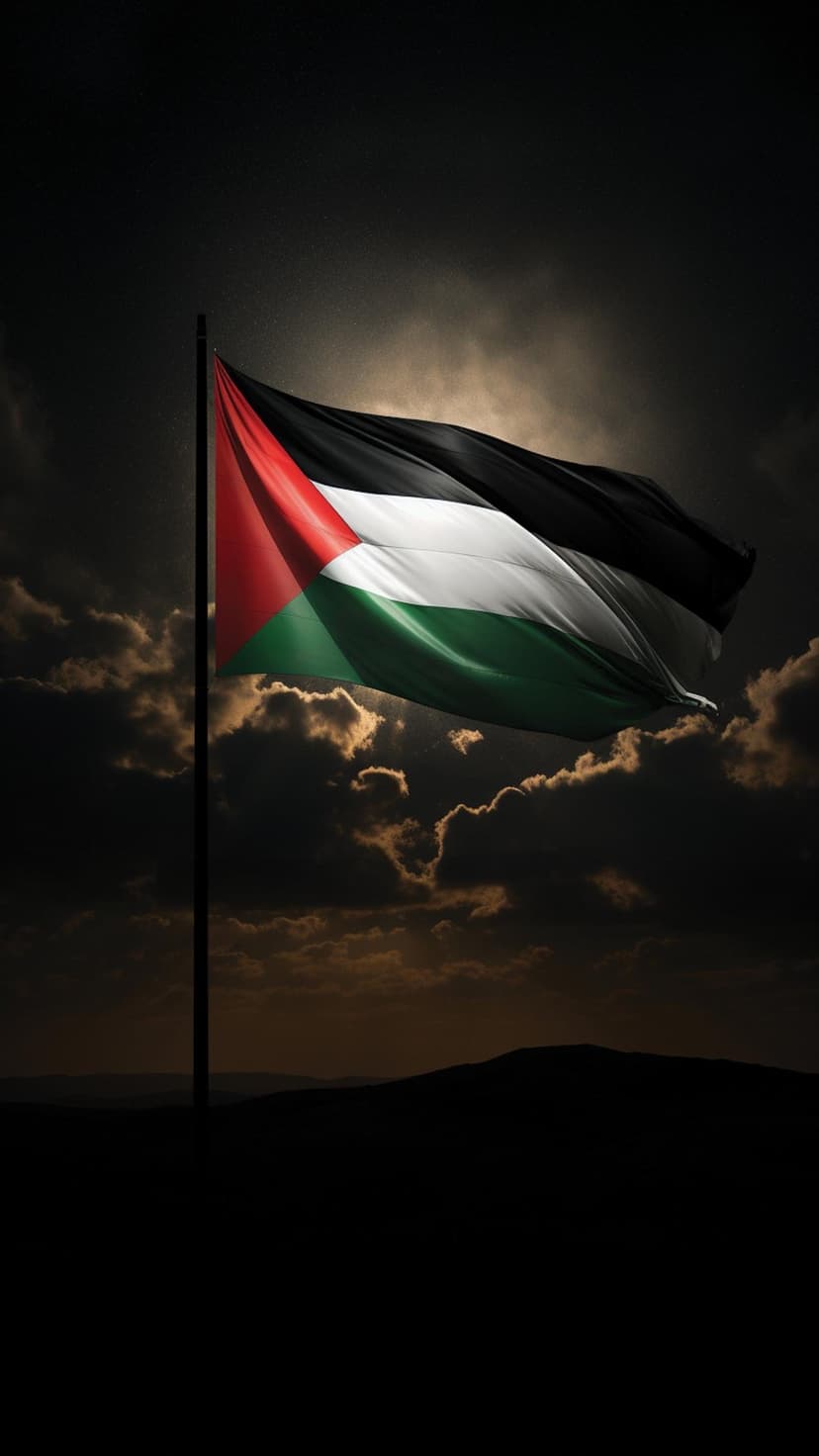 Palestinian flag ripples intensely against a dark overcast sky with golden light rays and a silhouette horizon.