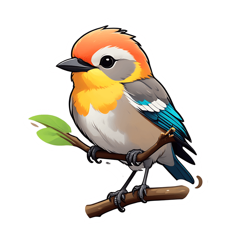Orange yellow bird perched on branch with green leaves. This vector illustration features blue wing feathers.